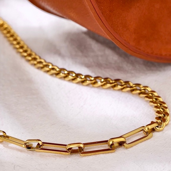 18k Plated Gold Mixed Wide Curb Paperclip Rectangle Chain Necklace - Picture 8 of 10